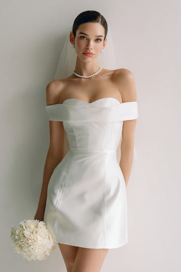 White Off The Shoulder Satin Bridal Shower Dress
